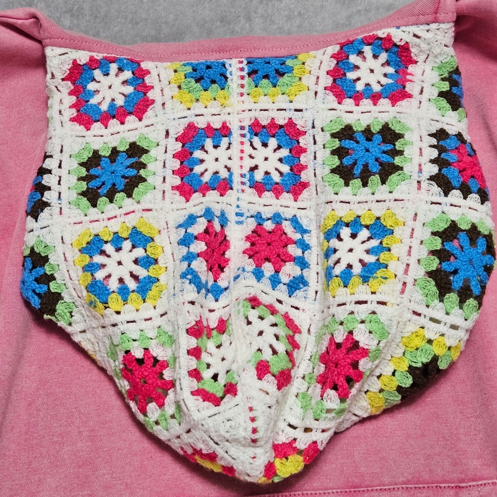 Boho Pink JK Acid Wash Oversized Hoodie Colorful Crochet Granny Square Hood NWT - Picture 4 of 10